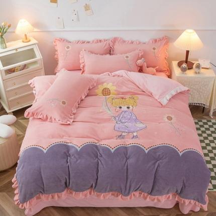 91家纺网 家纺一手货源 找家纺 优姿家纺 牛奶绒贴边绣花荷叶花边保暖四件 守护甜心-玉