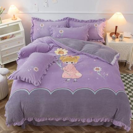 91家纺网 家纺一手货源 找家纺 （总）优姿家纺 2022新品牛奶绒贴边绣花荷叶花边保暖四件套