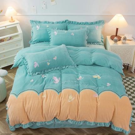 优姿家纺 牛奶绒贴边绣花荷叶花边保暖四件 蝶舞纷飞-黄