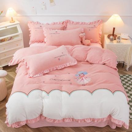 优姿家纺 牛奶绒贴边绣花荷叶花边保暖四件 花仙子-白