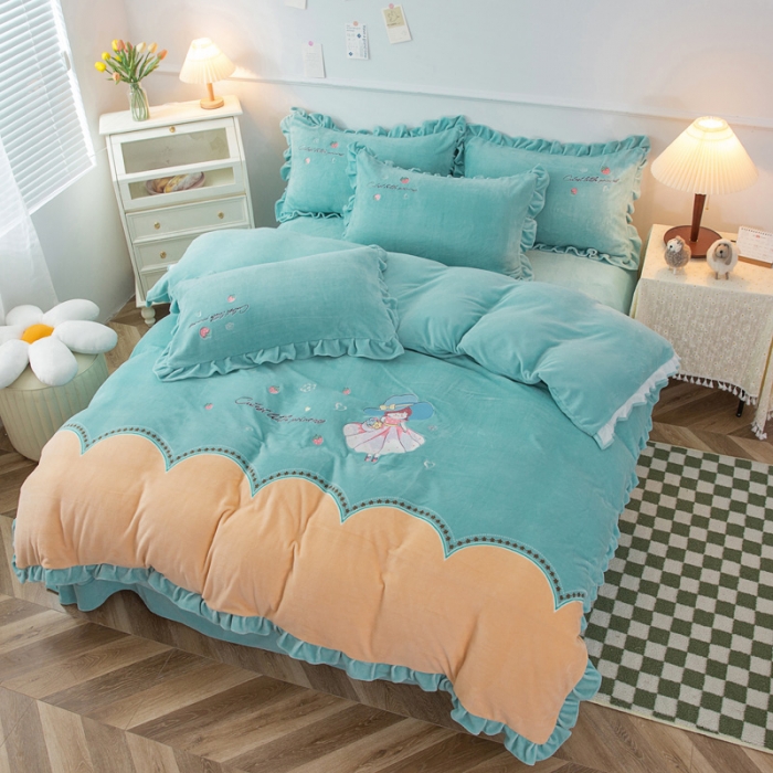 91家纺网 家纺一手货源 找家纺 优姿家纺 牛奶绒贴边绣花荷叶花边保暖四件 花仙子-黄