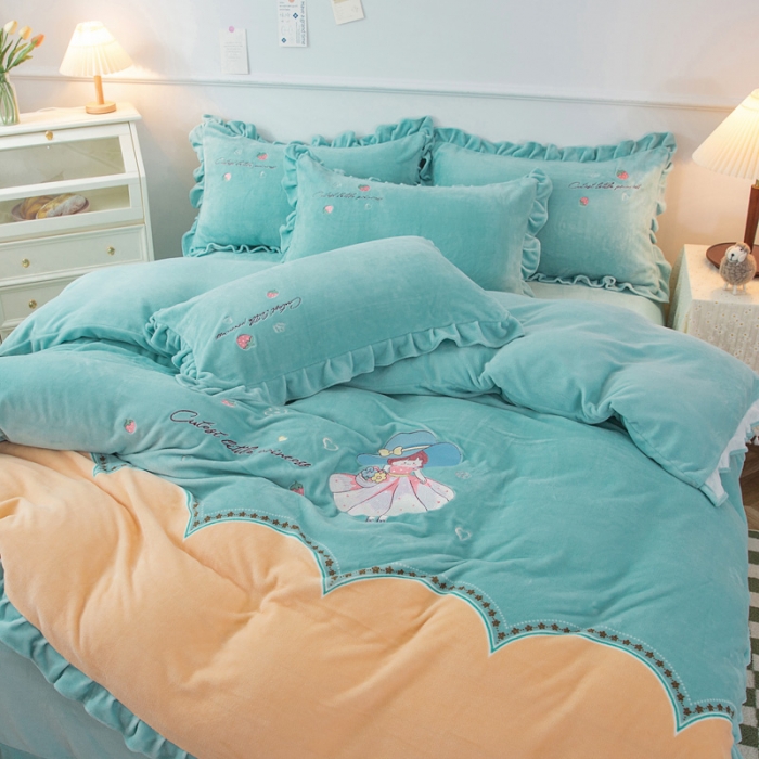 91家纺网 家纺一手货源 找家纺 优姿家纺 牛奶绒贴边绣花荷叶花边保暖四件 花仙子-黄