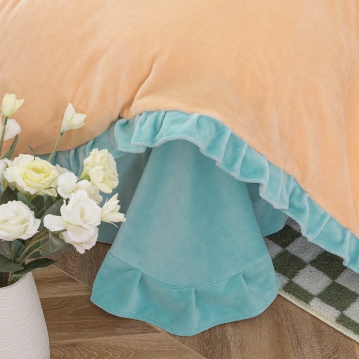 91家纺网 家纺一手货源 找家纺 优姿家纺 牛奶绒贴边绣花荷叶花边保暖四件 花仙子-黄