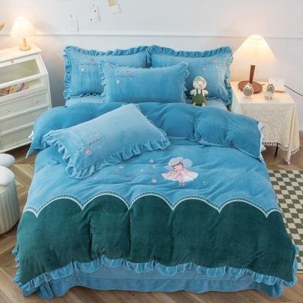 优姿家纺 牛奶绒贴边绣花荷叶花边保暖四件 花仙子-蓝