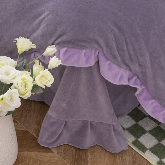 91家纺网 家纺一手货源 找家纺 优姿家纺 牛奶绒贴边绣花荷叶花边保暖四件 花仙子-紫