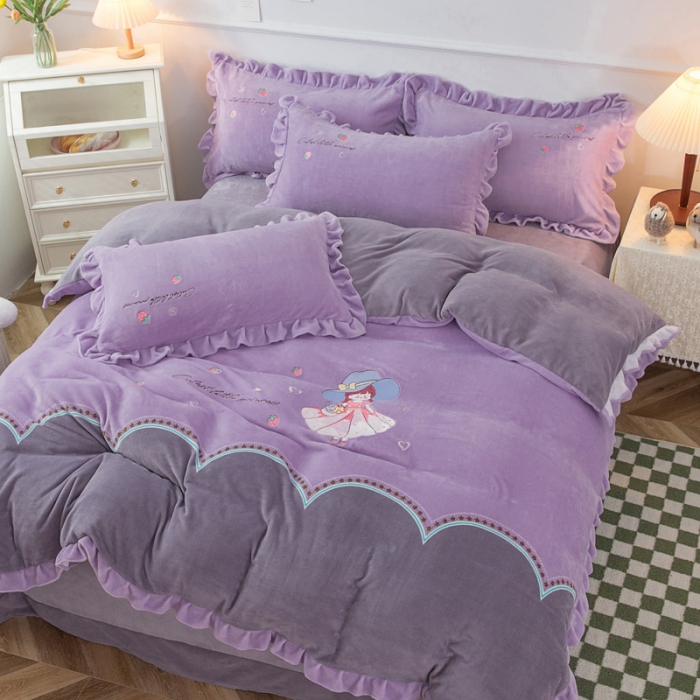91家纺网 家纺一手货源 找家纺 优姿家纺 牛奶绒贴边绣花荷叶花边保暖四件 花仙子-紫