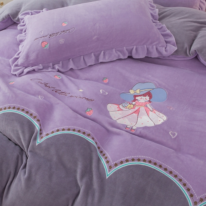 91家纺网 家纺一手货源 找家纺 优姿家纺 牛奶绒贴边绣花荷叶花边保暖四件 花仙子-紫