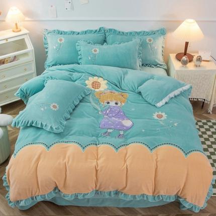 优姿家纺 牛奶绒贴边绣花荷叶花边保暖四件 守护甜心-黄