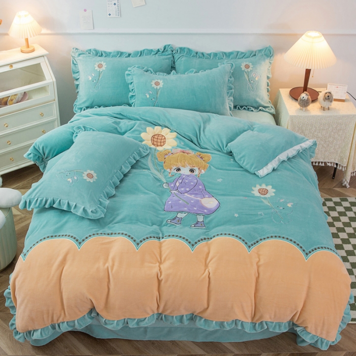 91家纺网 家纺一手货源 找家纺 优姿家纺 牛奶绒贴边绣花荷叶花边保暖四件 守护甜心-黄