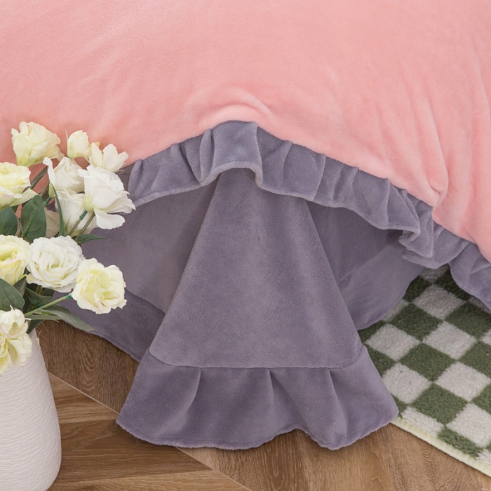 91家纺网 家纺一手货源 找家纺 优姿家纺 牛奶绒贴边绣花荷叶花边保暖四件 守护甜心-灰