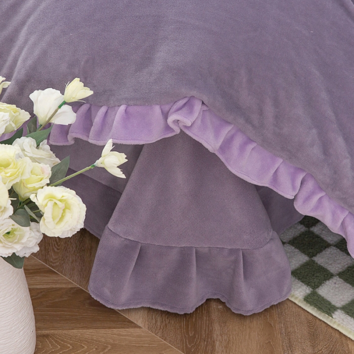 91家纺网 家纺一手货源 找家纺 优姿家纺 牛奶绒贴边绣花荷叶花边保暖四件 守护甜心-紫