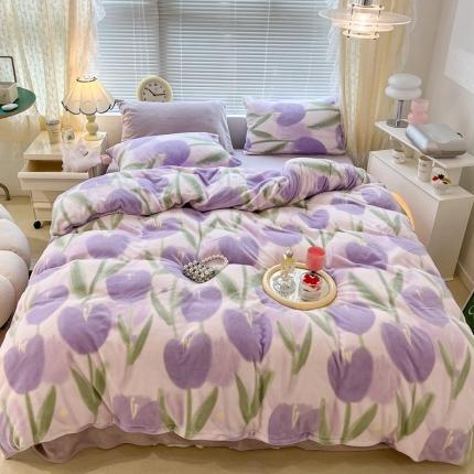91家纺网 家纺一手货源 找家纺 昔可 2022新款牛奶绒四件套花朵系列 雾紫郁金香
