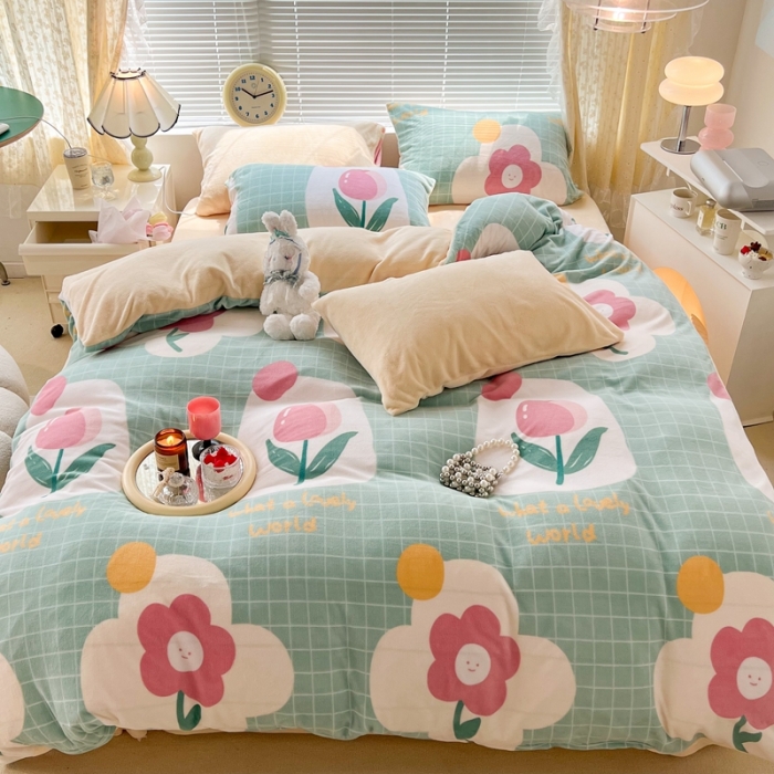 91家纺网 家纺一手货源 找家纺 昔可 2022新款牛奶绒四件套花朵系列 绿格郁金香