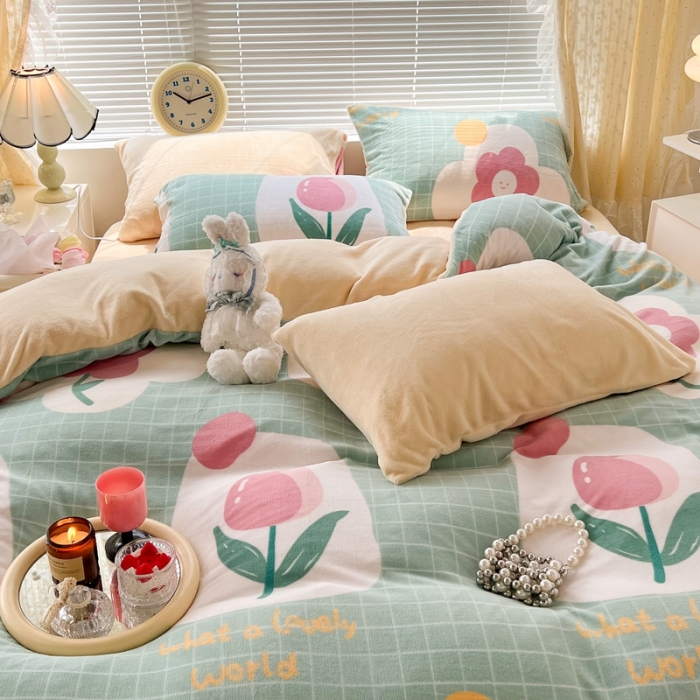 91家纺网 家纺一手货源 找家纺 昔可 2022新款牛奶绒四件套花朵系列 绿格郁金香