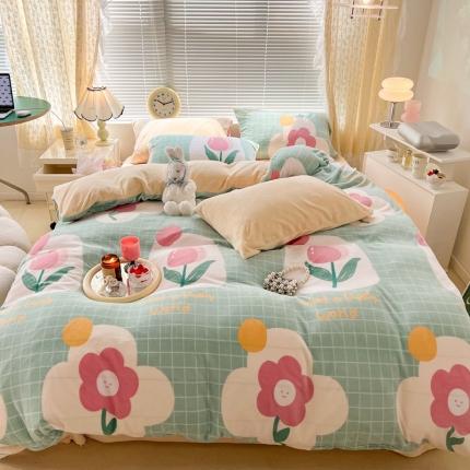 昔可 2022新款牛奶绒四件套花朵系列 绿格郁金香