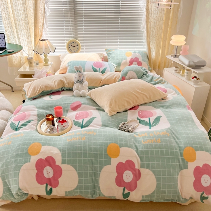 91家纺网 家纺一手货源 找家纺 昔可 2022新款牛奶绒四件套花朵系列 绿格郁金香