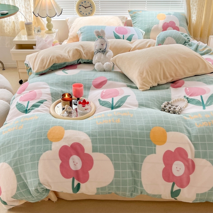 91家纺网 家纺一手货源 找家纺 昔可 2022新款牛奶绒四件套花朵系列 绿格郁金香