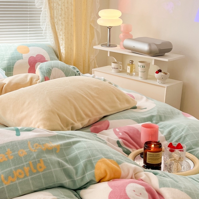 91家纺网 家纺一手货源 找家纺 昔可 2022新款牛奶绒四件套花朵系列 绿格郁金香