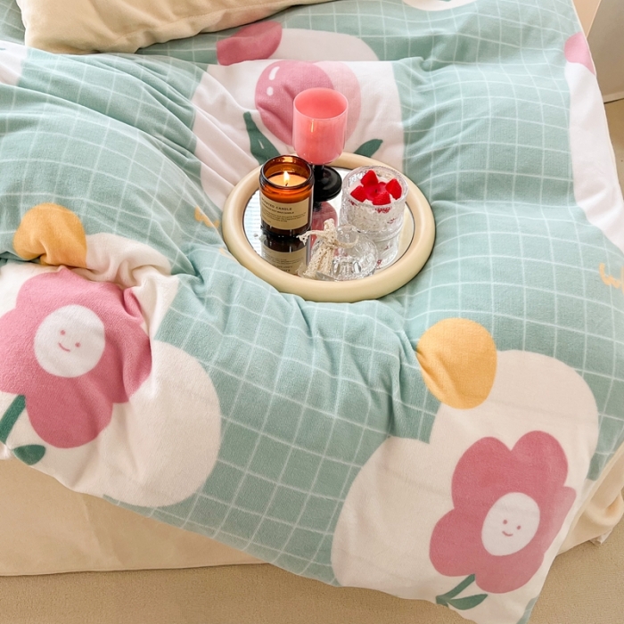 91家纺网 家纺一手货源 找家纺 昔可 2022新款牛奶绒四件套花朵系列 绿格郁金香