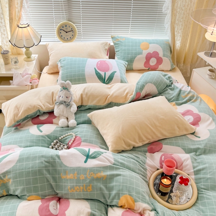 91家纺网 家纺一手货源 找家纺 昔可 2022新款牛奶绒四件套花朵系列 绿格郁金香