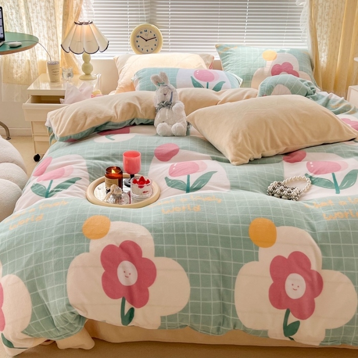 91家纺网 家纺一手货源 找家纺 昔可 2022新款牛奶绒四件套花朵系列 绿格郁金香