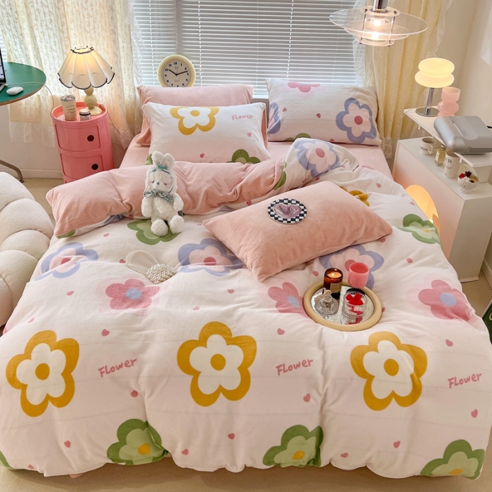 91家纺网 家纺一手货源 找家纺 昔可 2022新款牛奶绒四件套花朵系列 七彩花