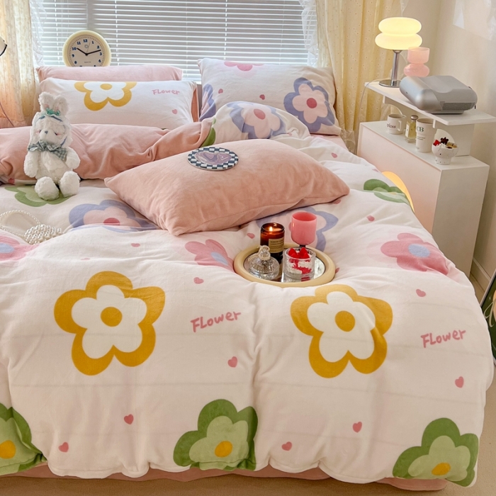 91家纺网 家纺一手货源 找家纺 昔可 2022新款牛奶绒四件套花朵系列 七彩花