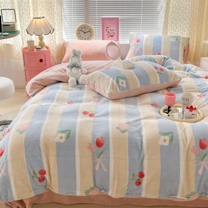 昔可 2022新款牛奶绒四件套花朵系列 竖条玫瑰花