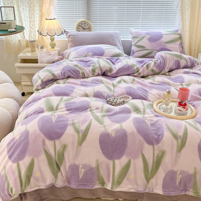 91家纺网 家纺一手货源 找家纺 昔可 2022新款牛奶绒四件套花朵系列 雾紫郁金香