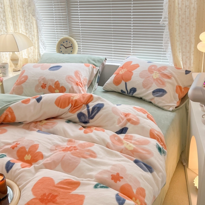 91家纺网 家纺一手货源 找家纺 昔可 2022新款牛奶绒四件套花朵系列 香草奶油花