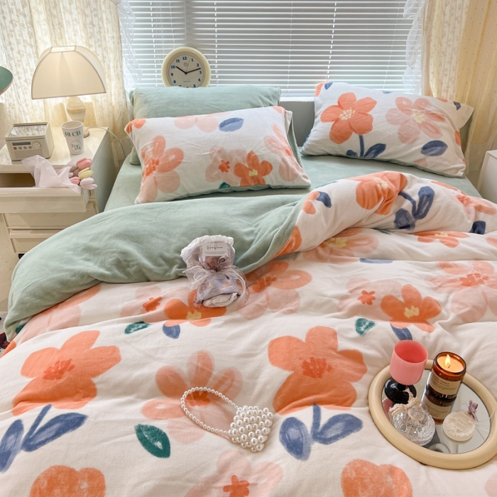 91家纺网 家纺一手货源 找家纺 昔可 2022新款牛奶绒四件套花朵系列 香草奶油花