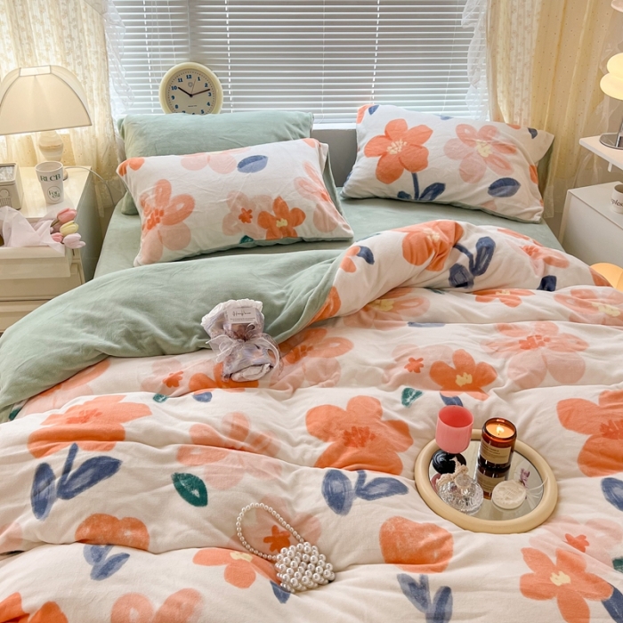 91家纺网 家纺一手货源 找家纺 昔可 2022新款牛奶绒四件套花朵系列 香草奶油花