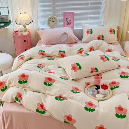 昔可 2022新款牛奶绒四件套花朵系列 小红花