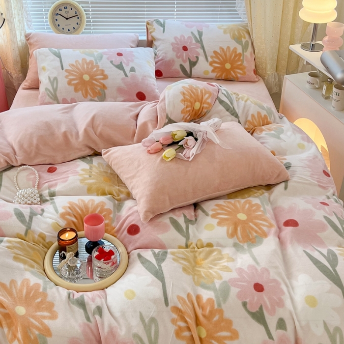 91家纺网 家纺一手货源 找家纺 昔可 2022新款牛奶绒四件套花朵系列 油画粉花