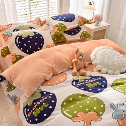 同田 2023新款牛奶金貂绒四件套印花保暖法莱水晶绒 草莓小屋