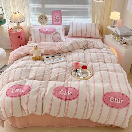 昔可 2022新款牛奶绒简约系列四件套 chic条纹粉