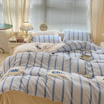 昔可 2022新款牛奶绒简约系列四件套 chic条纹蓝
