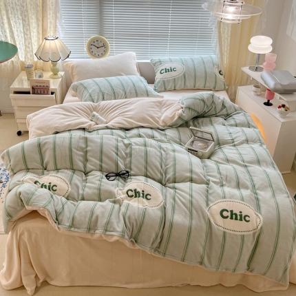 昔可 2022新款牛奶绒简约系列四件套 chic条纹绿