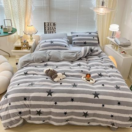 昔可 2022新款牛奶绒简约系列四件套 条纹星星