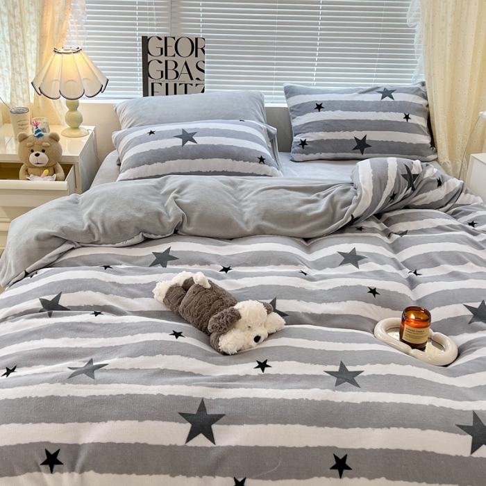 91家纺网 家纺一手货源 找家纺 昔可 2022新款牛奶绒简约系列四件套 条纹星星