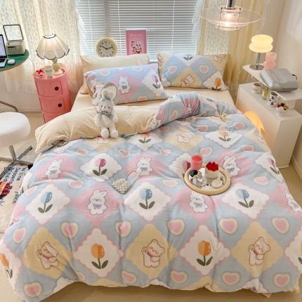 91家纺网 家纺一手货源 找家纺 昔可 2022新款牛奶绒卡通系列四件套 爱心菱格兔