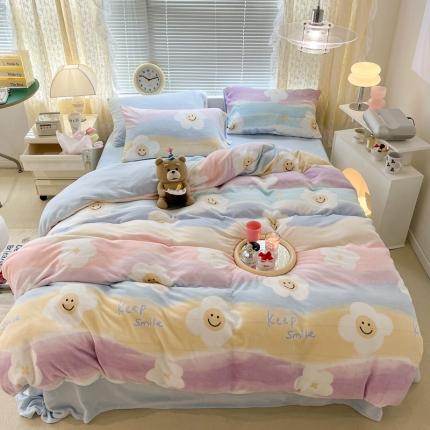 91家纺网 家纺一手货源 找家纺 昔可 2022新款牛奶绒卡通系列四件套 彩色太阳花