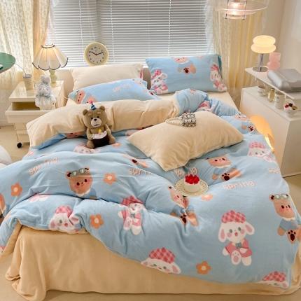 91家纺网 家纺一手货源 找家纺 昔可 2022新款牛奶绒卡通系列四件套 春游宝贝