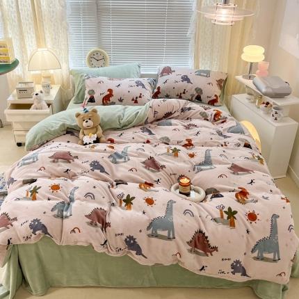 91家纺网 家纺一手货源 找家纺 昔可 2022新款牛奶绒卡通系列四件套 恐龙乐园