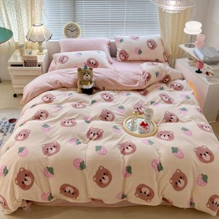 91家纺网 家纺一手货源 找家纺 昔可 2022新款牛奶绒卡通系列四件套 小熊和草莓