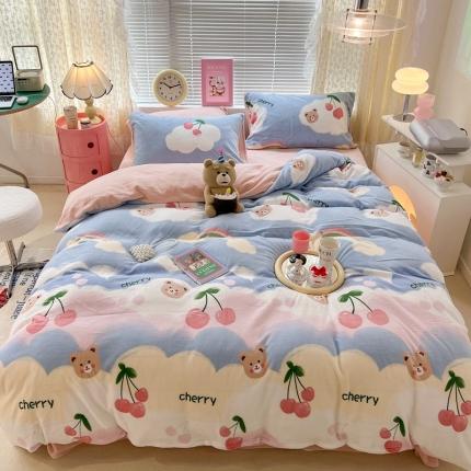 昔可 2022新款牛奶绒卡通系列四件套 彩虹樱桃熊