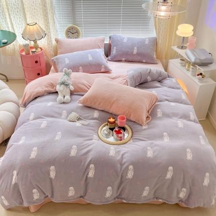 昔可 2022新款牛奶绒卡通系列四件套 呆萌兔兔