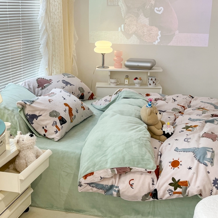 91家纺网 家纺一手货源 找家纺 昔可 2022新款牛奶绒卡通系列四件套 恐龙乐园