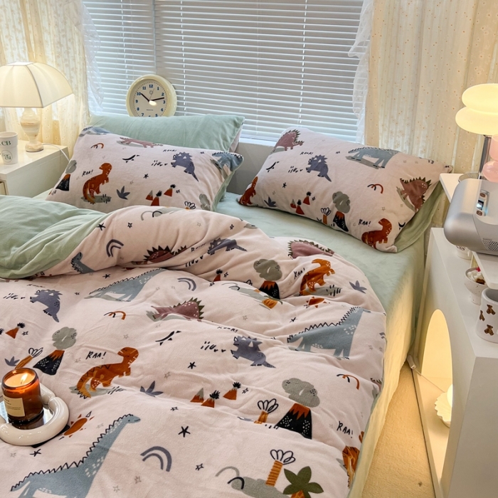 91家纺网 家纺一手货源 找家纺 昔可 2022新款牛奶绒卡通系列四件套 恐龙乐园