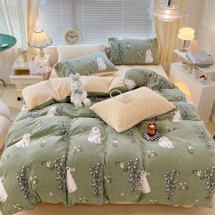 昔可 2022新款牛奶绒卡通系列四件套 铃兰花花兔